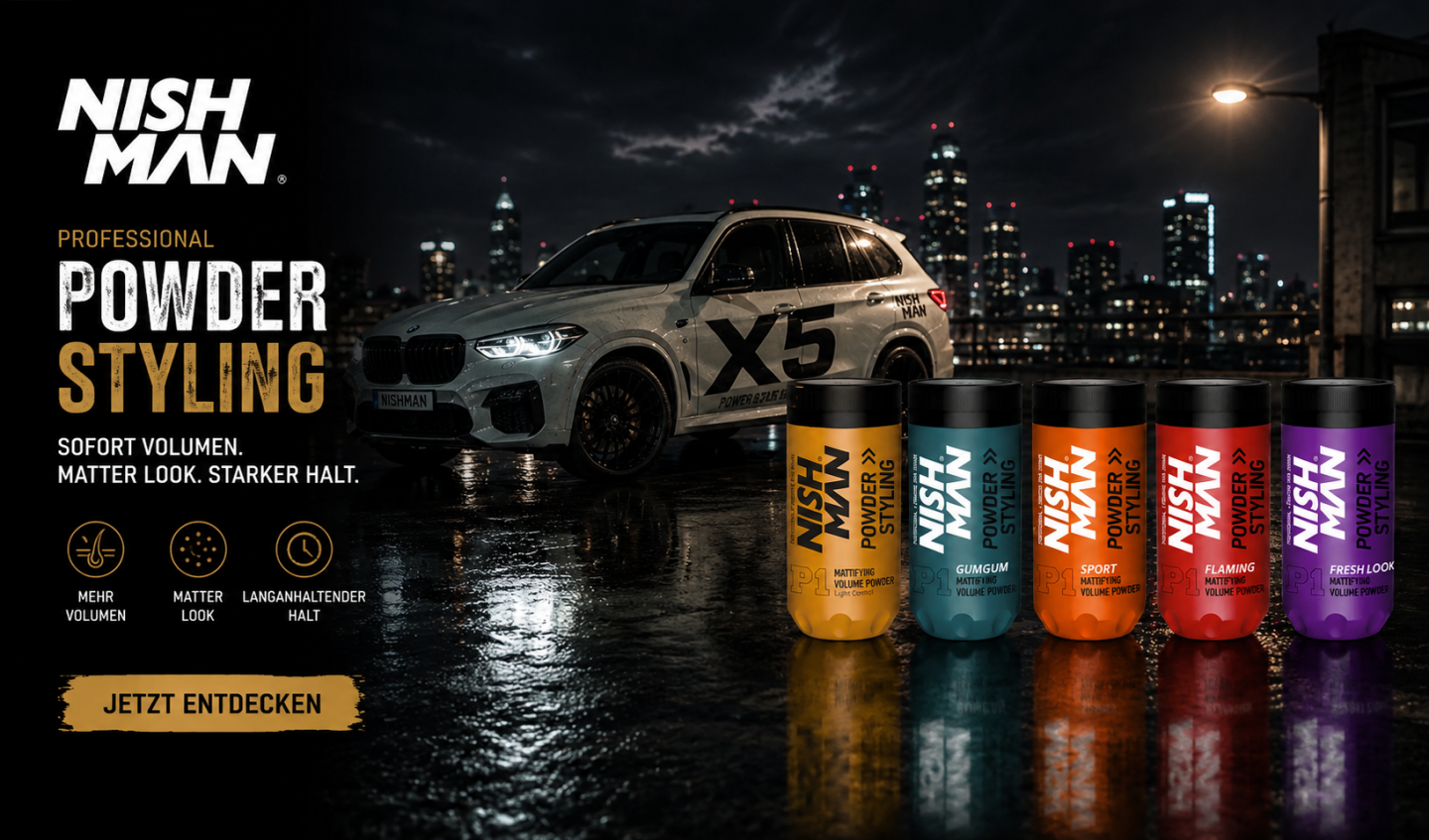 NISHMAN P1 Powder Wax Styling Powder für Volumen, Struktur und matten Halt – professionelle Barber- und Haarstyling-Produkte.